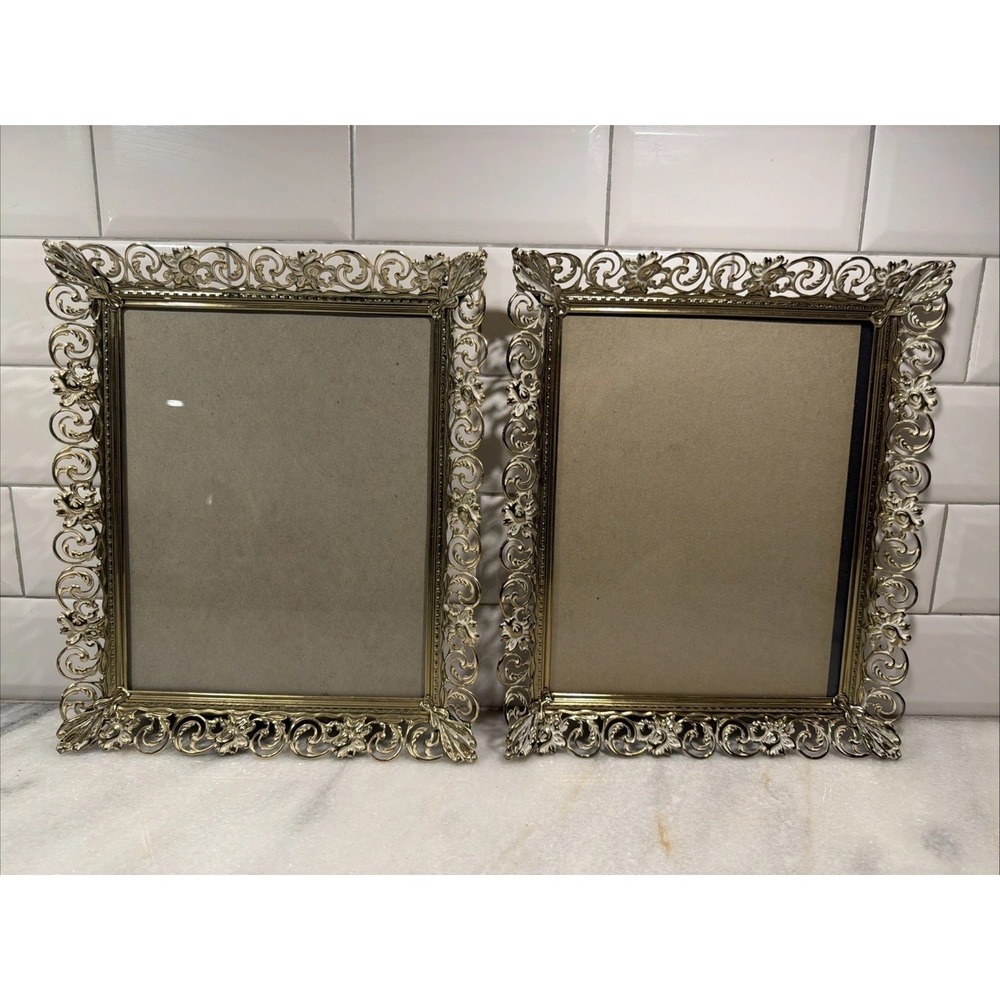 Vintage Set Of 2 Gold Metal Filigree Picture Frames 8x10 Hollywood Regency A002